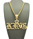 Stone Stud Crown Calligraphic KING Pendant w/6mm 24" Cuban Chain Necklace, Gold-Tone