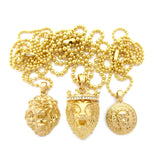 Narrow Lion Medal, 3D Lion Head & Stone Stud Crown King Lion Pendant Ball Chain Necklace Set in Gold-Tone
