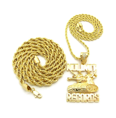 No Limit Records Tank Pendant on 3.5mm 24" Rope Chain with 6mm 30" Rope Chain Necklace in Gold-Tone