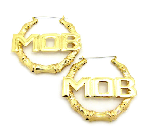 MOB Charm Bamboo Door Knocker Hoop Pincatch Earrings, Gold-Tone