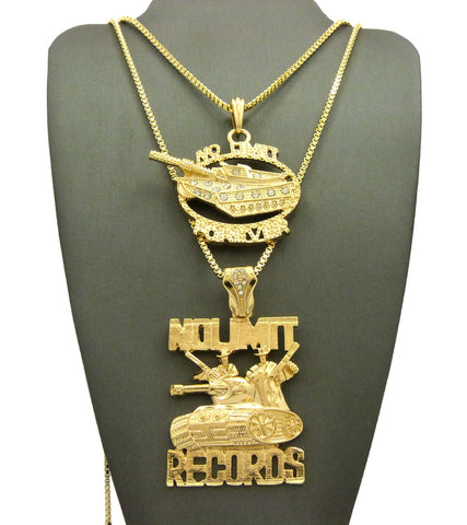 No Limit Forever & No Limit Records Tank Pendant Set w/ 2mm 24" & 30" Box Chain Necklaces in Gold-Tone
