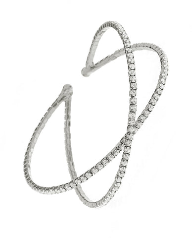 Women's Single Row Rhinestone Criss Cross Cuff Bracelet in Silver-Tone