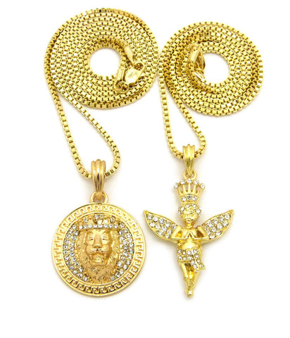Crowned Praying Angel & King Lion Medallion Pendant Set w/ Gold-Tone Box Chain Necklaces
