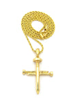 Simple Studded Reversible 3 Cross Nail Pendant w/ 2mm 24" Rope Chain Necklace in Gold-Tone