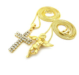 Cherub Angel & 2 Row Stone Cross Pendant Set w/ 24" & 30" Box Chain Necklaces in Gold-Tone