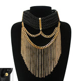 Women's Rope Collar Choker Dangling Tassel Necklace and Ball Earring Set in Gold-Tone