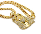 Stone Stud Jesus Face Pendant with 12mm 30" Iced Out Cuban Chain Necklace in Gold-Tone
