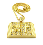 Stone Stud Opened Holy Bible Pendant Cuban Chain Necklace, Gold-Tone