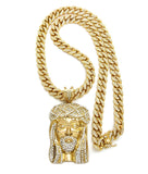 Stone Stud Jesus Face Pendant with 12mm 30" Iced Out Cuban Chain Necklace in Gold-Tone