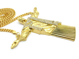 Detailed Robe Stone Stud Christ the Redeemer Pendant w/6mm 30" Box Cuban Chain Necklace, Gold-Tone
