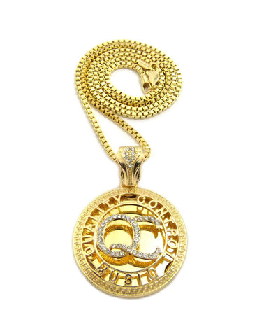 Stone Stud QC Initials Round Pendant w/ 24" Necklace in Gold-Tone