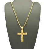 Polished Nugget Cross Pendant w/ 2mm 24" Rope Chain Necklace in Gold-Tone