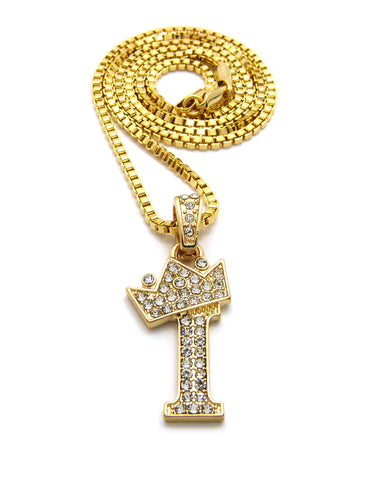 Unisex Stone Stud Tilted Crown Letter Initial Micro Pendant 2mm Box Chain Necklace, 20", I