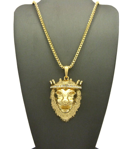 Stone Stud Crown King Lion Head Pendant w/ Chain Necklace