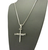Studded Allover 3 Cross Nail Pendant w/ 2mm 24" Box Chain Necklace in Silver-Tone