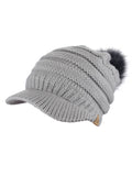 D&Y Unisex Warm Knit Visor Beanie Cap With Faux Fur Pom