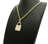 Stone Stud Padlock Pendant w/ 3mm 24" Cuban Chain Necklace