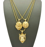 Narrow Lion Medal, 3D Lion Head & Stone Stud Crown King Lion Pendant Ball Chain Necklace Set in Gold-Tone