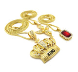 Ruby Red Stone, Crowned Angel, & King Crown Pendant Set w/ Box Chain Necklaces in Gold-Tone