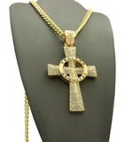 Circle Veritas Aequitas Stone Stud Cross Pendant w/6mm 30" Cuban Chain Necklace, Gold-tone