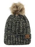 C.C Thick Cable Knit Faux Fuzzy Fur Pom Fleece Lined Skull Cap Cuff Beanie