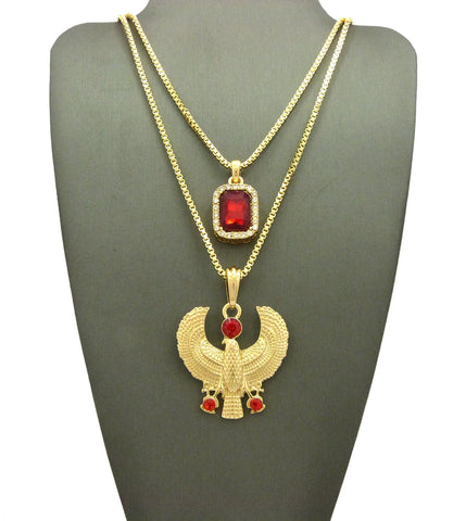 Ruby Red Stone & Ruby Red Round Gemstone Horus Falcon Pendant Set w/ Box Chains in Gold-Tone