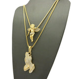 Wing Studded Flying Angel & Stone Stud Praying Hands Pendant Set w/ 2mm Box Chains in Gold-Tone