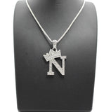 Stone Stud Allover Tilted Crown Initial N Pendant w/ 2mm 24" Box Chain Necklace, Silver-Tone