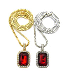 Dual Hip-Hop Radiant Cut Gemstone Pendant Set w/ Chain Necklace