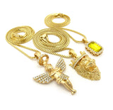 Yellow Stone, Halo Angel & King Lion Pendant Set w/ Multi Length Box Chains in Gold-Tone