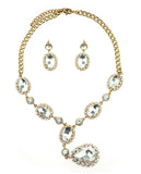 Hanging Encircled Teardrop Clear Stone and Dangling Earrings Set in Gold-Tone