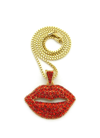 Stone Stud Lips pendant w/2mm 18" Box Chain Necklace, Gold-Tone/Red Stone