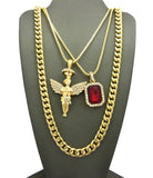 Colored Gemstone & Hip Hop Pendant Set on Box Chains with Cuban Chain in Gold-Tone
