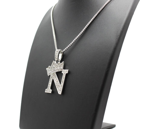 Stone Stud Allover Tilted Crown Initial N Pendant w/ 2mm 24" Box Chain Necklace, Silver-Tone