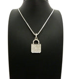 Stone Stud Padlock Pendant w/ 2mm 24" Box Chain Necklace