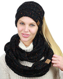 C.C Colorful Confetti BeanieTail Messy High Bun Cable Knit Beanie and Infinity Loop Scarf Set