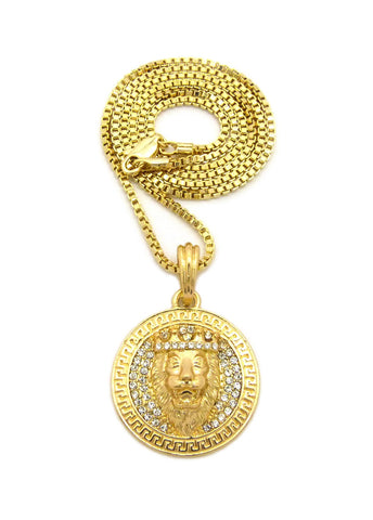 King Lion Stone Stud Medallion Pendant with Chain Necklace