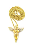 Stone Stud Extended Wing Praying Angel Pendant w/ Chain Necklace