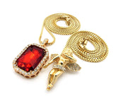 Micro Faux Ruby & Pave Floating Angel Pendant 2mm 24" 30" Box Chain Necklace Set - Gold-Tone