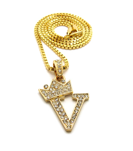Unisex Stone Stud Tilted Crown Letter Initial Micro Pendant 2mm Box Chain Necklace, 20", V