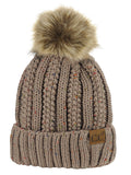 C.C Thick Cable Knit Faux Fuzzy Fur Pom Fleece Lined Skull Cap Cuff Beanie