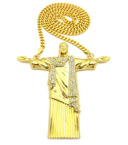 Detailed Robe Stone Stud Christ the Redeemer Pendant w/6mm 30" Box Cuban Chain Necklace, Gold-Tone