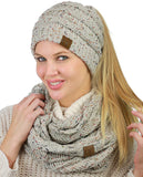 C.C Colorful Confetti BeanieTail Messy High Bun Cable Knit Beanie and Infinity Loop Scarf Set