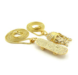 Stone Stud Basketball Net & Skateboard Pendant Set w/ 2mm 24" & 30" Box Chain Necklaces