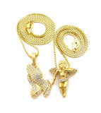Wing Studded Flying Angel & Stone Stud Praying Hands Pendant Set w/ 2mm Box Chains in Gold-Tone