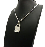 Stone Stud Padlock Pendant w/ 3mm 24" Cuban Chain Necklace