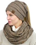 C.C Colorful Confetti BeanieTail Messy High Bun Cable Knit Beanie and Infinity Loop Scarf Set