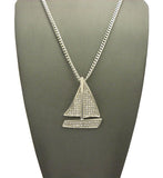 Stone Stud Sailboat Pendant w/3mm 24" Cuban Chain Necklace