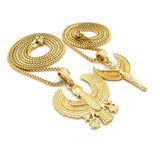 Winged Egyptian Goddess & Horus Falcon Pendant Set 2mm 24" & 30" Box Chain Necklace in Gold-Tone