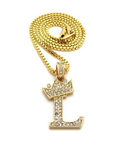 Unisex Stone Stud Tilted Crown Letter Initial Micro Pendant 2mm Box Chain Necklace, 20", L